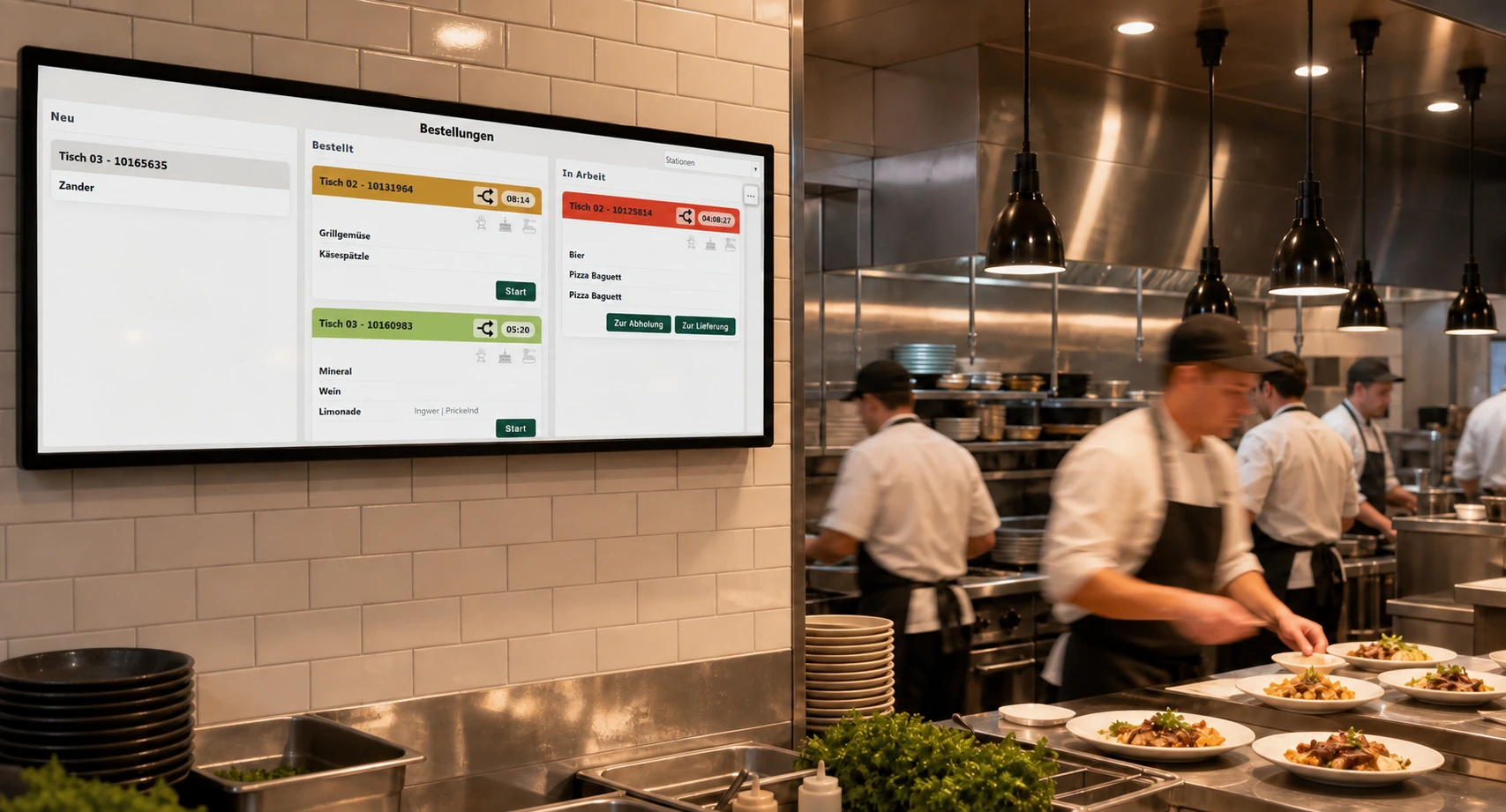 KI-generierte Illustration: Restaurantküche mit Küchenmonitor und Bestellungen nach Statusspalten